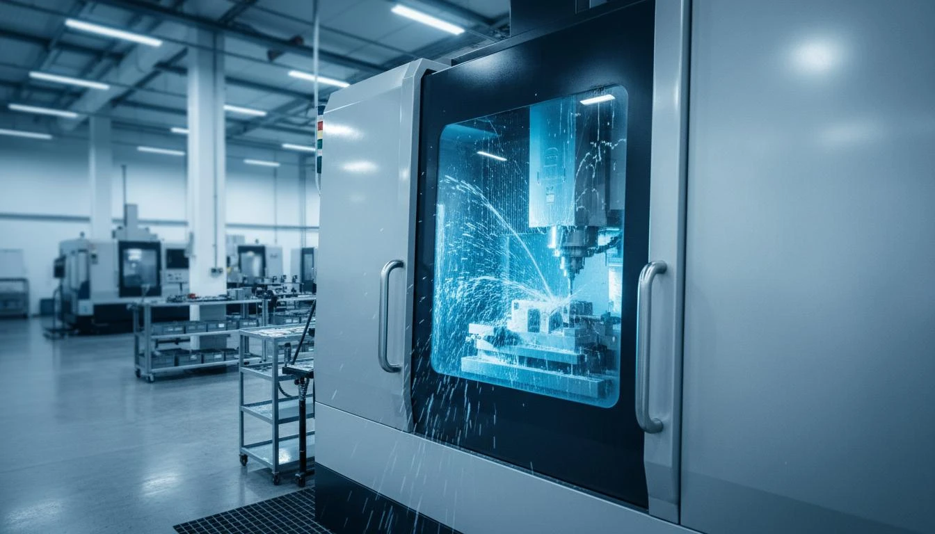 CNC-Bearbeitung: 5-Achsen Fräsmaschine bei der Metallbearbeitung in moderner Fertigungshalle