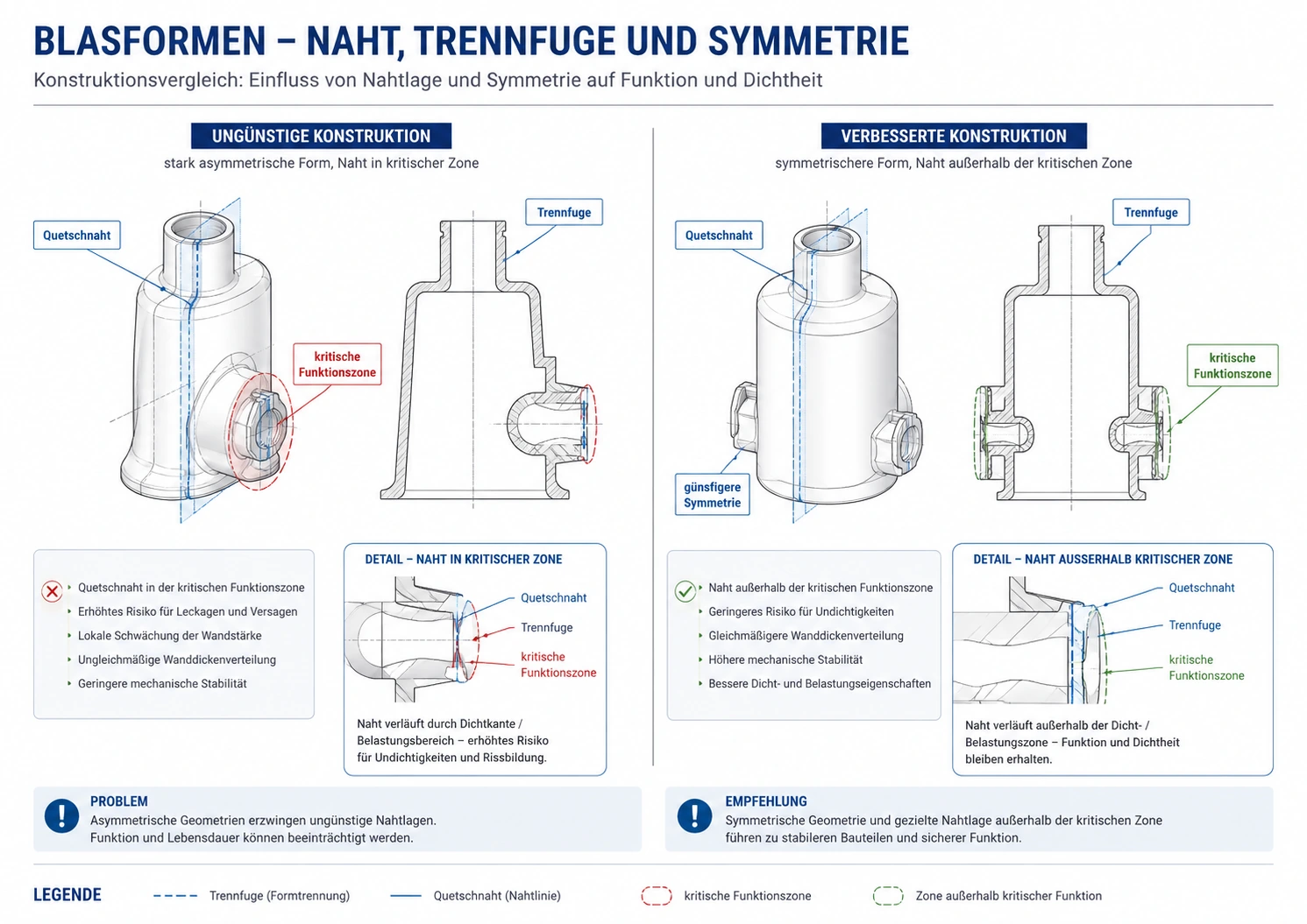 Blasformen Vergleich mit Quetschnaht, Trennfuge, kritischer Funktionszone und günstiger Symmetrie