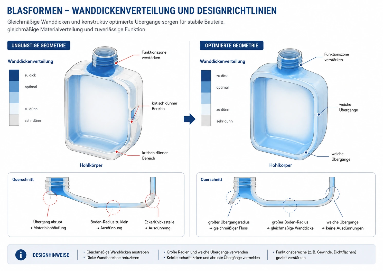Blasformen Hohlkörper mit Wanddickenverteilung, kritischen dünnen Bereichen und verstärkter Funktionszone