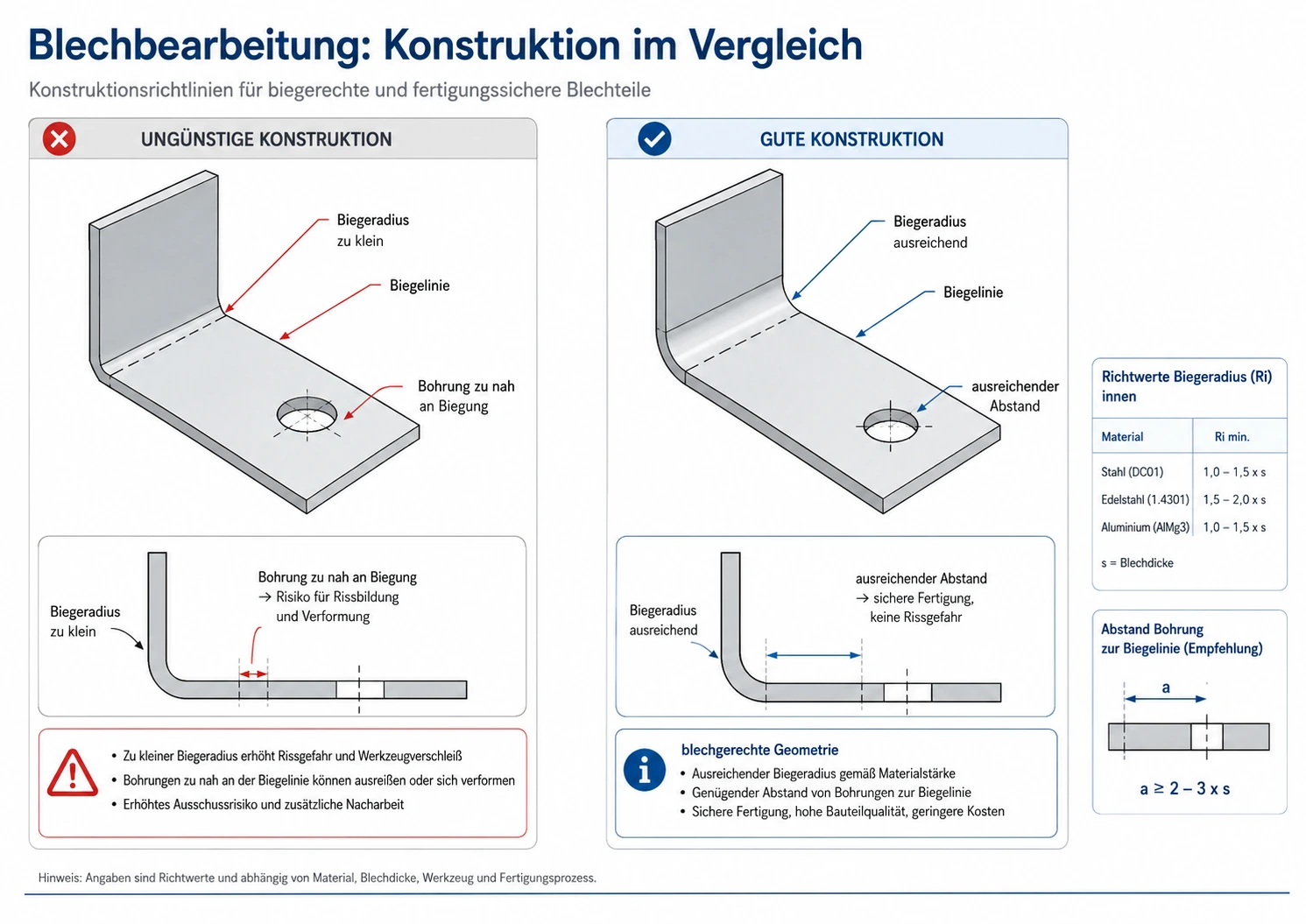 Blechbearbeitung Designrichtlinien mit Biegeradius, Biegelinie, Bohrungsabstand und blechgerechter Geometrie