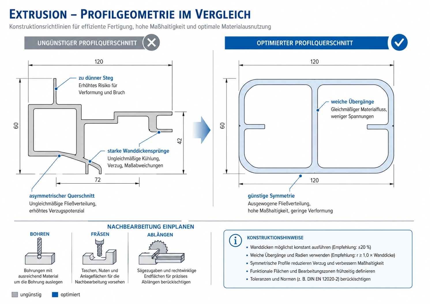 Vergleich von ungünstigem und optimiertem Extrusionsprofil mit Wanddickensprüngen, Stegen und Symmetrie