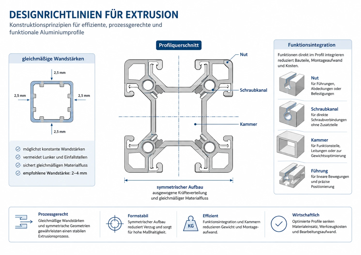 Extrusionsprofil mit gleichmäßigen Wandstärken, Nuten, Schraubkanälen, Kammern und symmetrischem Aufbau