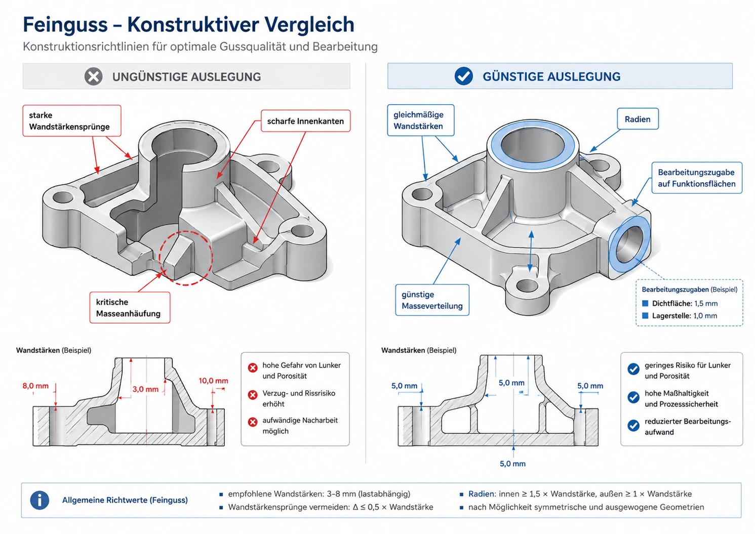 Technische Designrichtlinien für Feinguss mit gleichmäßigen Wandstärken, Radien und Bearbeitungszugaben