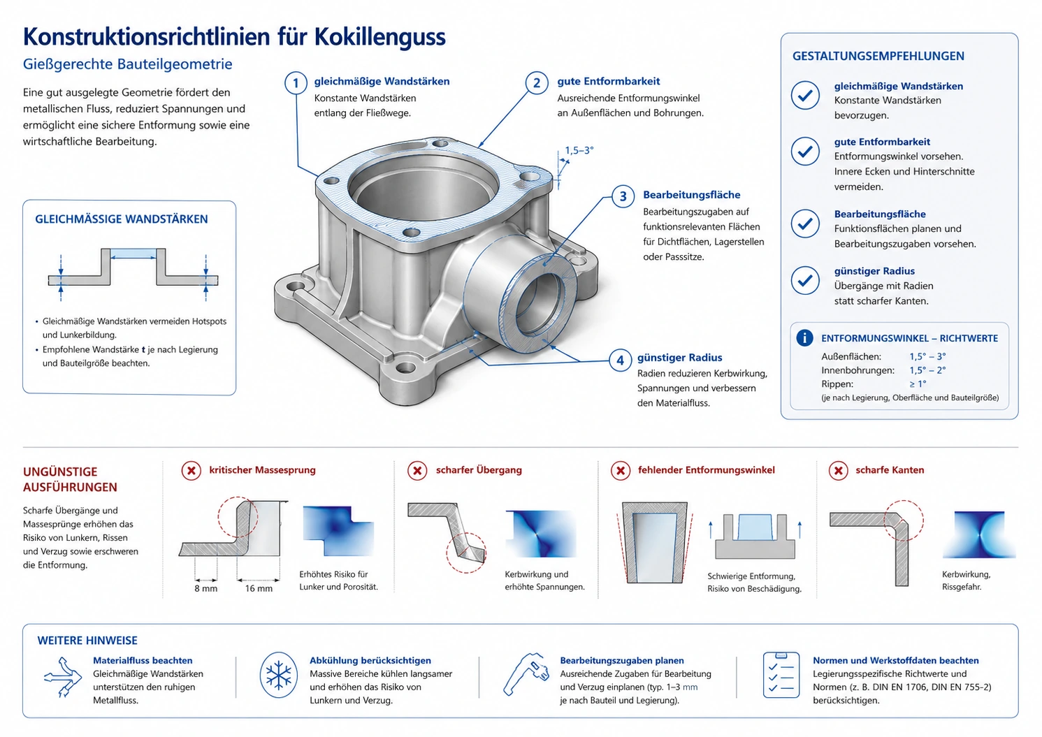 Kokillenguss Bauteil mit gleichmäßigen Wandstärken, Radien, Entformbarkeit und Bearbeitungsflächen