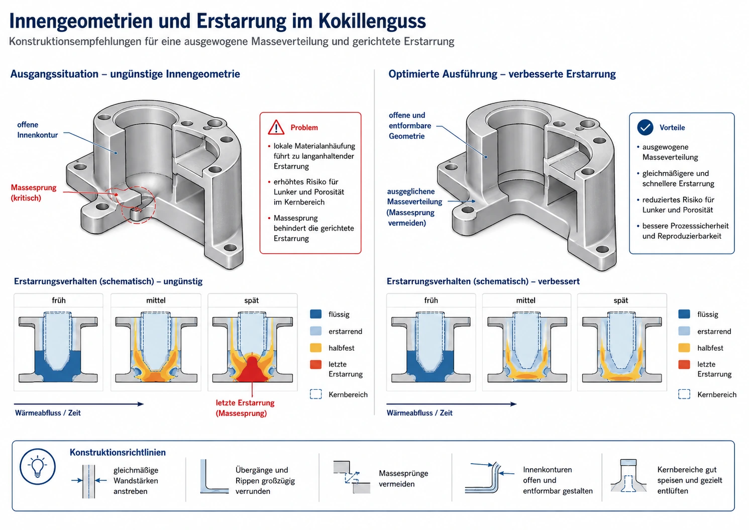 Kokillenguss Innengeometrien mit Kernbereichen, Masseanhäufung und verbesserter Erstarrung