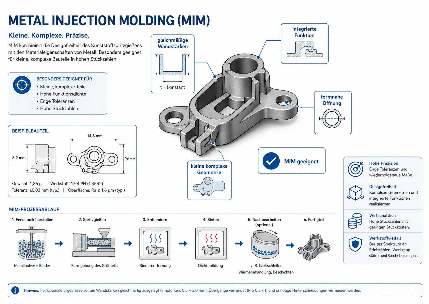 MIM Bauteil mit gleichmäßigen Wandstärken, integrierten Funktionen und kleinen komplexen Geometrien