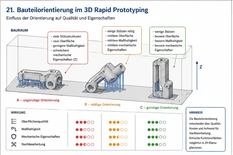 3D Rapid Prototyping Bauteilorientierung mit Stützstruktur, kritischer Oberfläche und Nachbearbeitung
