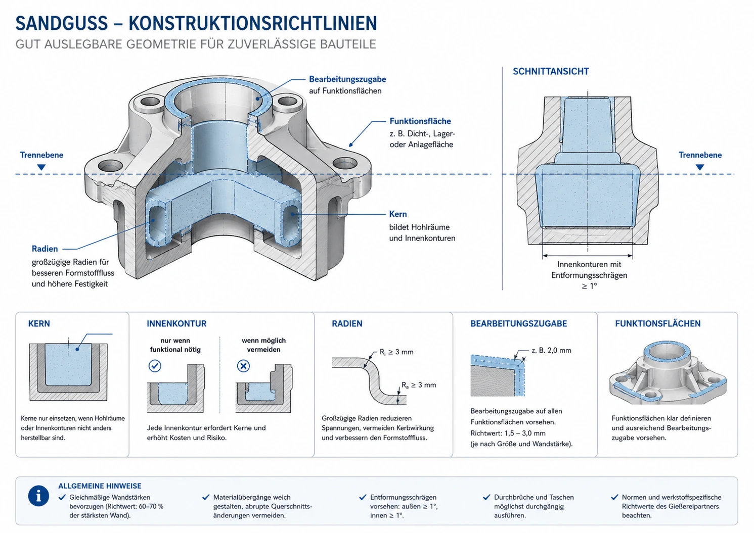 Sandguss Konstruktion mit Kernen, Hohlräumen, Trennebene, Radien und Bearbeitungszugaben