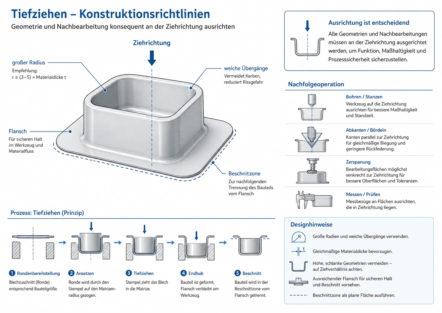 Tiefziehteil mit Ziehrichtung, großen Radien, Flansch, Beschnittzone und Nachfolgeoperationen