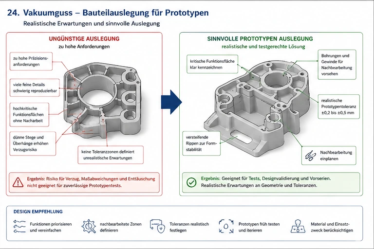 Vakuumguss Bauteilauslegung mit Prototypentoleranzen, Funktionsflächen und Nachbearbeitung