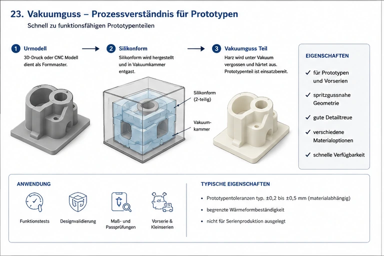 Vakuumguss Prozess mit Urmodell, Silikonform und gegossenem Prototypenteil