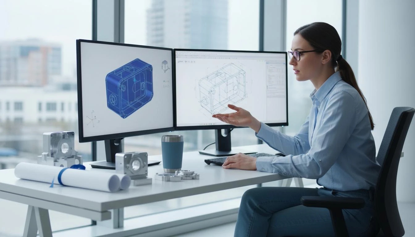 Konstrukteurin am Arbeitsplatz mit CAD Modellen