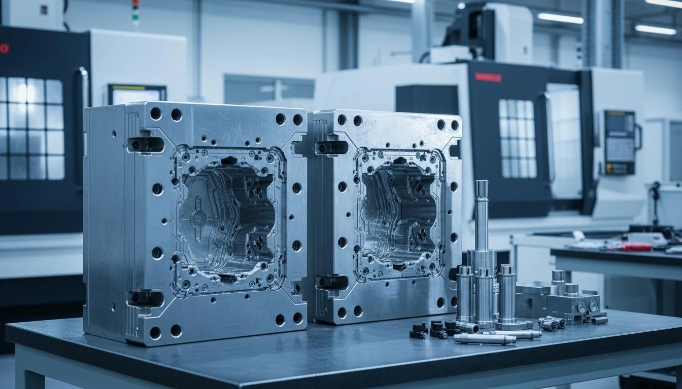 Spritzgusswerkzeug: Präzise gefertigte Formhälften mit Heisskanal-System und Normalien